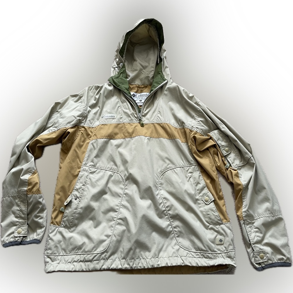 Vintage Columbia Men's Beige and Tan Hooded Pullover Windbreaker Jacket